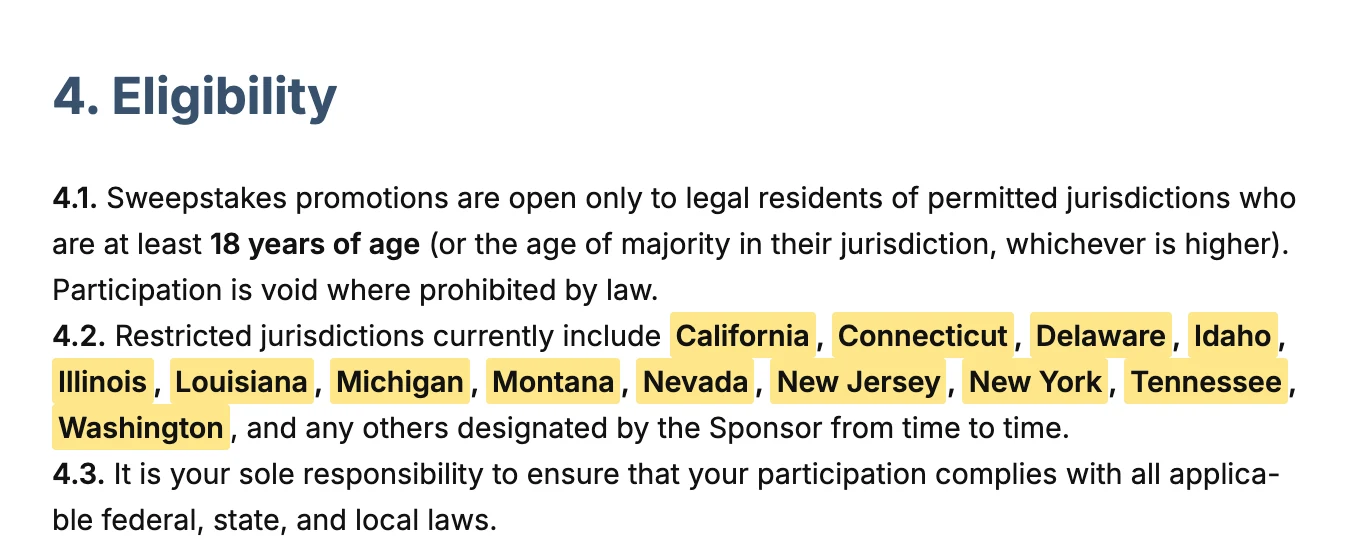 CSBattle's Official Sweepstakes Rules, section 4.2, listing thirteen restricted states from California to Washington. Captured from help.csbattle.com on 11 September 2026; the yellow highlighting is ours.