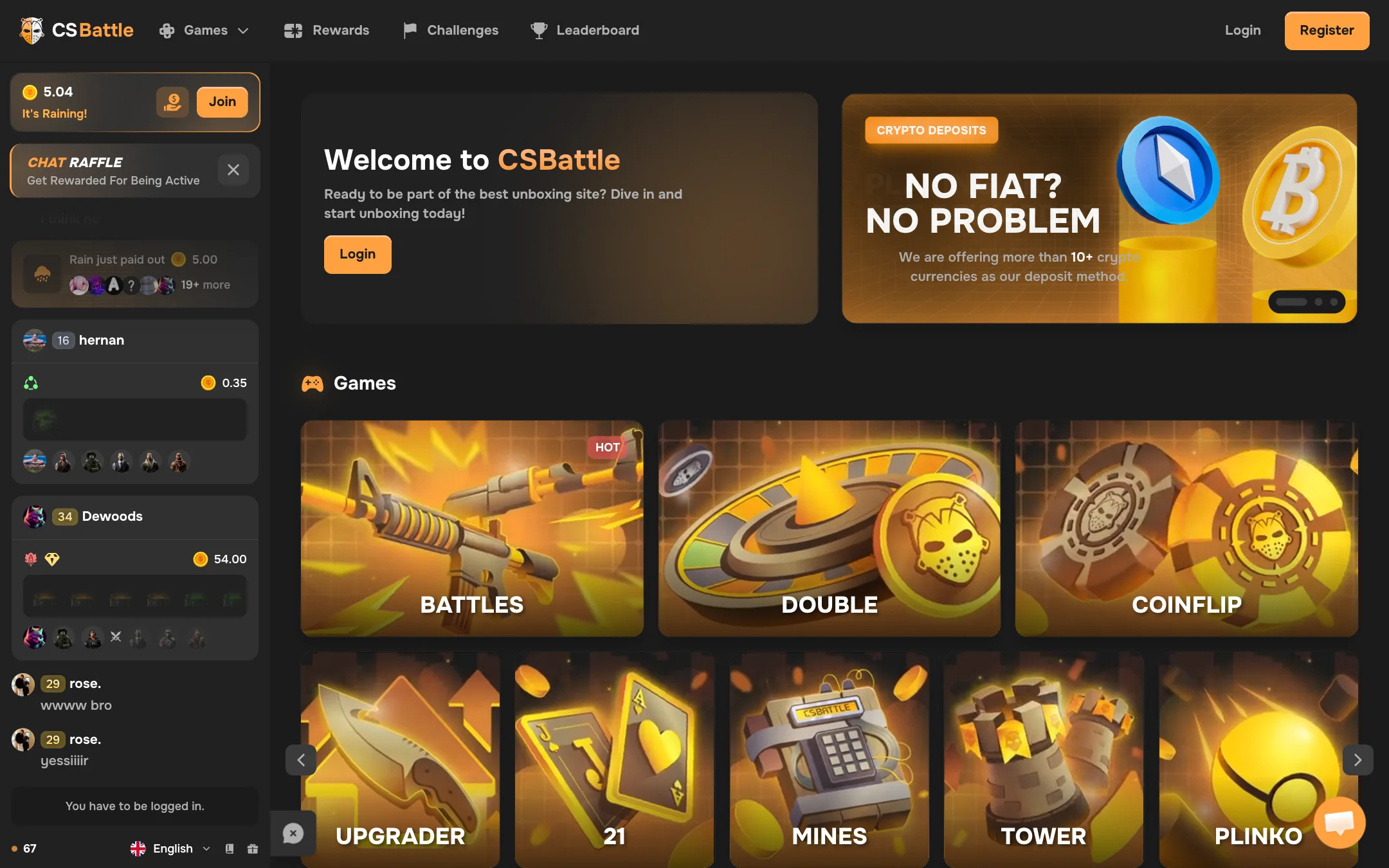 The live csbattle.com homepage on 11 September 2026: header, live chat, a crypto deposits banner and the game tiles.