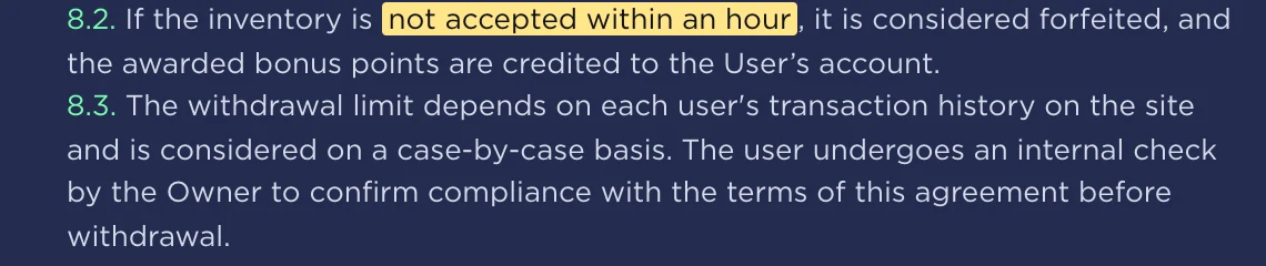 CSFAIL's User Agreement clauses 8.2 and 8.3: if the inventory is not accepted within an hour it is considered forfeited, and the withdrawal limit is considered on a case-by-case basis. Captured from cs.fail on 11 September 2026; the yellow highlighting is ours.