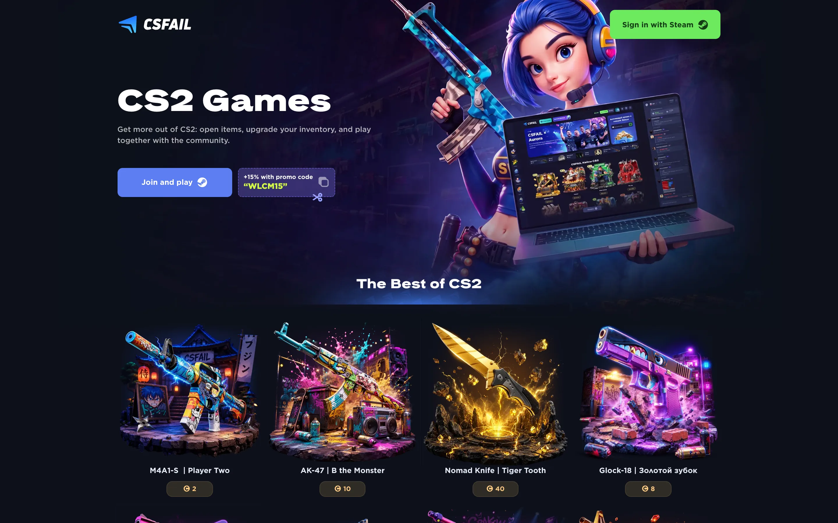 The live cs.fail homepage on 11 September 2026, logged out: the CSFAIL wordmark, a Sign in with Steam button, the WLCM15 promo code and a row of skin tiles.