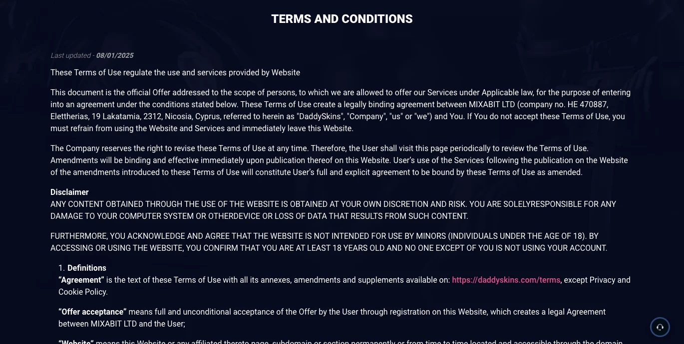The top of the DaddySkins Terms and Conditions page on 17 September 2026: Last updated 08/01/2025, the clause naming MIXABIT LTD, company no. HE 470887, Elettherias 19 Lakatamia 2312 Nicosia Cyprus as the contracting party, the disclaimer in capitals, and the first definitions. A 3 free cases banner overlaps the bottom edge.