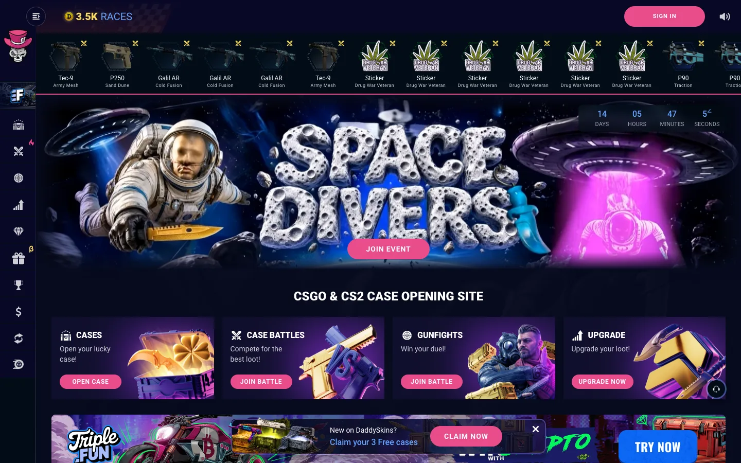 The daddyskins.com homepage on 17 September 2026, logged out: the top-hat skull mark, a live feed of case-battle drops, a Space Divers event banner with a countdown, four game tiles for Cases, Case Battles, Gunfights and Upgrade, and a banner offering 3 free cases to new users.
