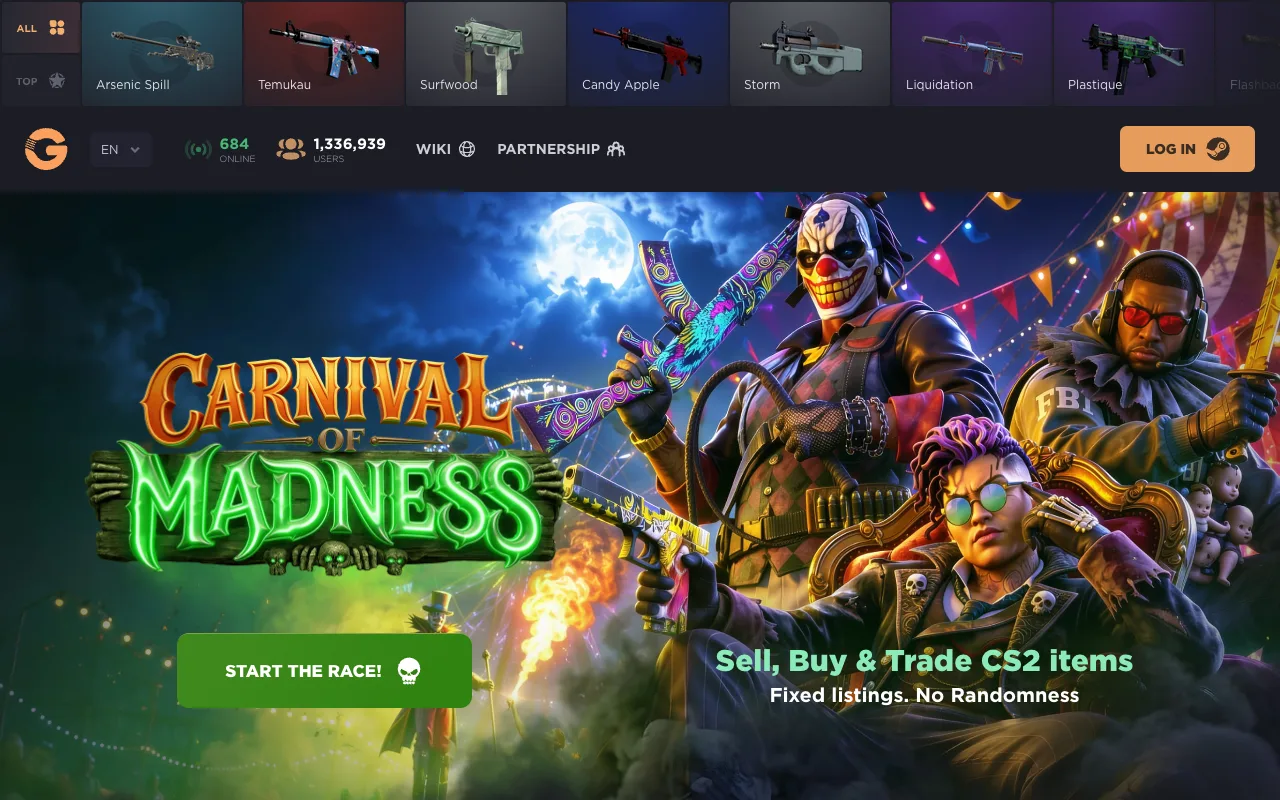 The live ggdrop.com homepage on 16 September 2026, logged out: a G logo, 684 online and 1,336,939 users in the header, a Carnival of Madness event banner, and the words Sell, Buy and Trade CS2 items, Fixed listings, No Randomness.