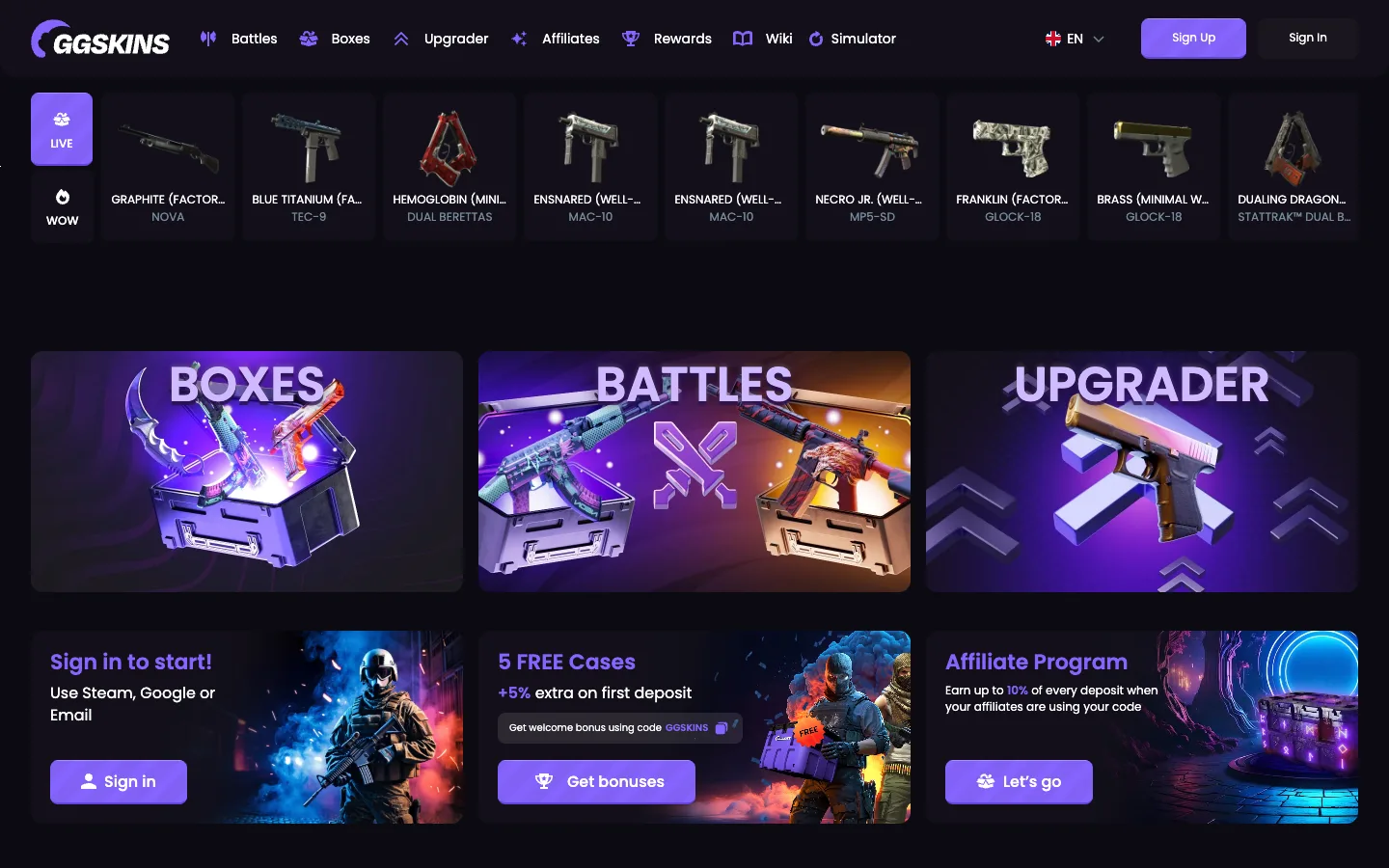 The ggskins.com homepage on 18 September 2026, logged out: the GGSkins wordmark, a live drop feed, three large tiles for Boxes, Battles and Upgrader, and banners offering 5 free cases with code GGSKINS and an affiliate programme paying up to 10% of deposits.
