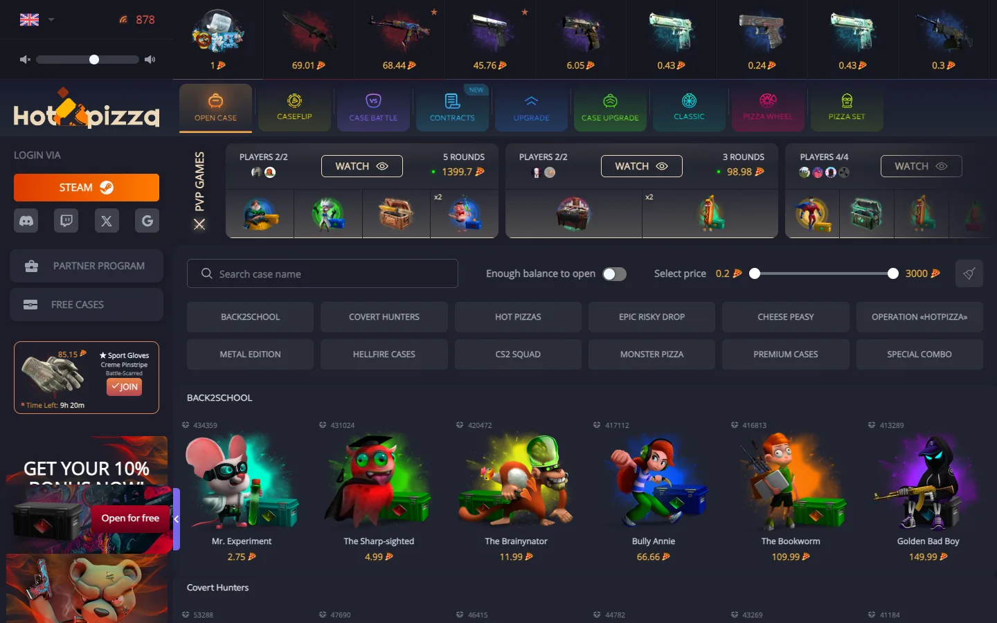 The live hotpizza.gg homepage on 14 September 2026, logged out: the HotPizza wordmark, a Steam login button, the Open Case, Caseflip, Case Battle, Contracts, Upgrade, Case Upgrade, Classic, Pizza Wheel and Pizza Set tabs, a row of live PvP battles and the BACK2SCHOOL case grid.