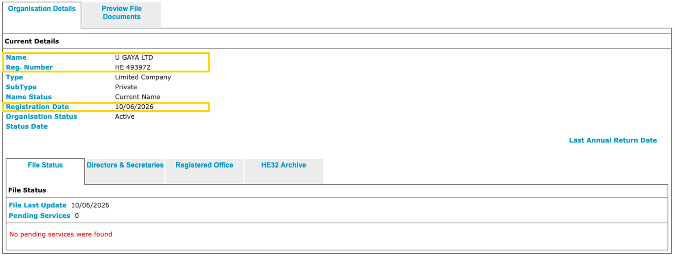The Cyprus Department of Registrar of Companies entry for U GAYA LTD, HE 493972: Limited Company, Private, Current Name, Registration Date 10/06/2026, Organisation Status Active, File Last Update 10/06/2026, Pending Services 0. Captured on 15 September 2026; the yellow highlighting is ours.