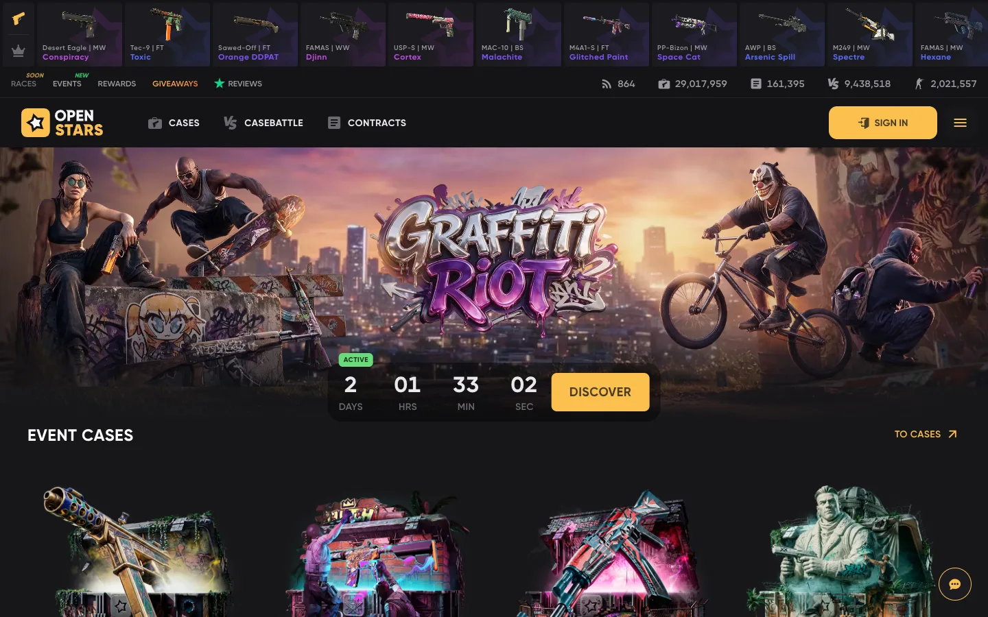 The live openstars.gg homepage on 15 September 2026, logged out: the OpenStars wordmark, a Sign In button, the Cases, Casebattle and Contracts tabs, a Graffiti Riot event banner with a countdown, and the Event Cases grid.