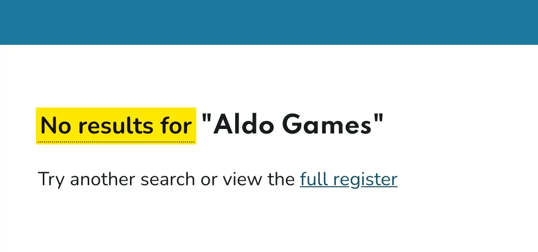 The UK Gambling Commission's business register search results page reading No results for Aldo Games, with a link to the full register. Captured on 12 September 2026; the yellow highlighting is ours.