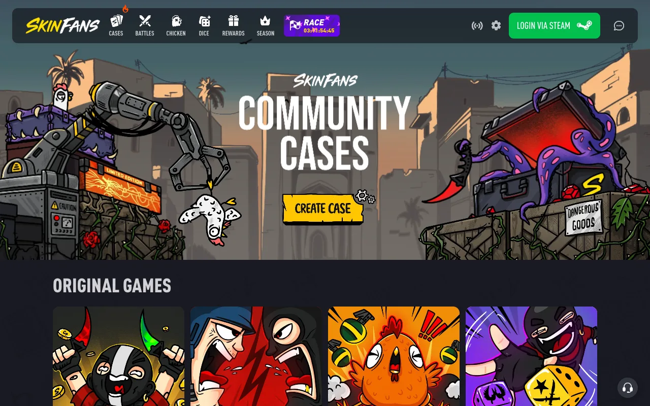 The live skin.fans homepage on 12 September 2026, logged out: the SkinFans wordmark, a Community Cases banner with a Create Case button, a Login via Steam button and a row of Original Games tiles.