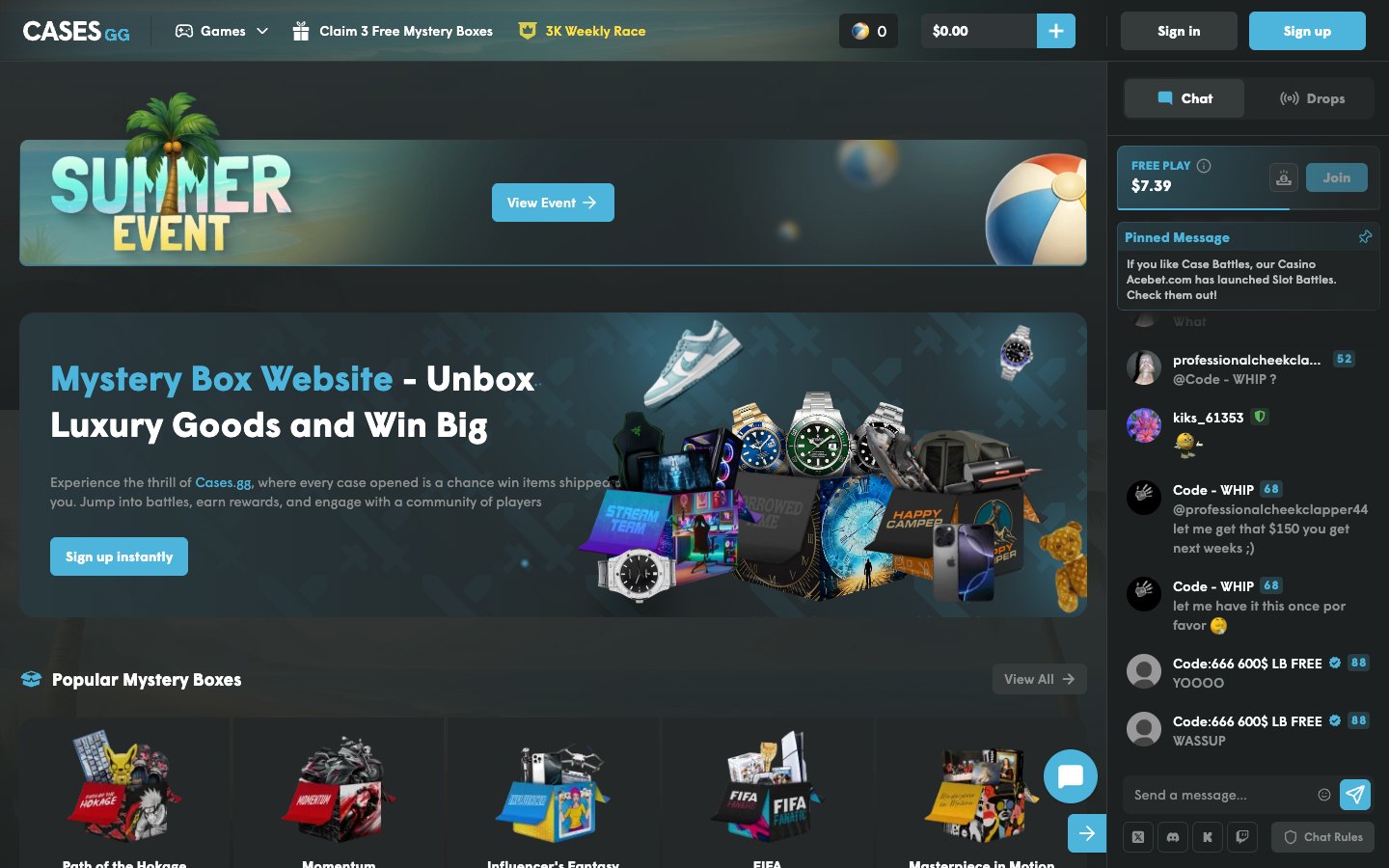 The Cases.gg home page as it appeared on 31 July 2026