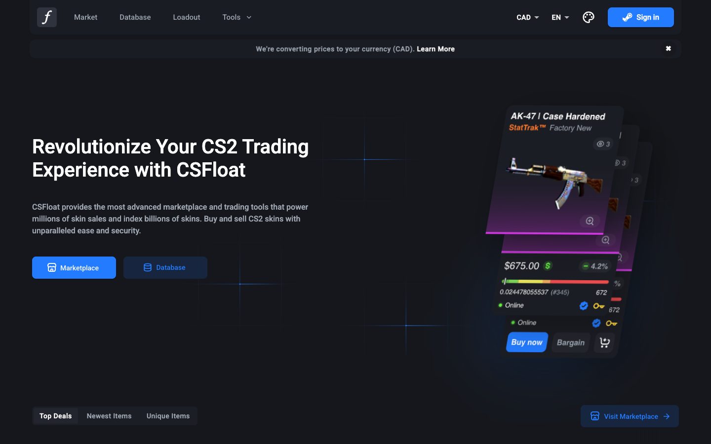 The CSFloat home page as it appeared on 4 Aug 2026