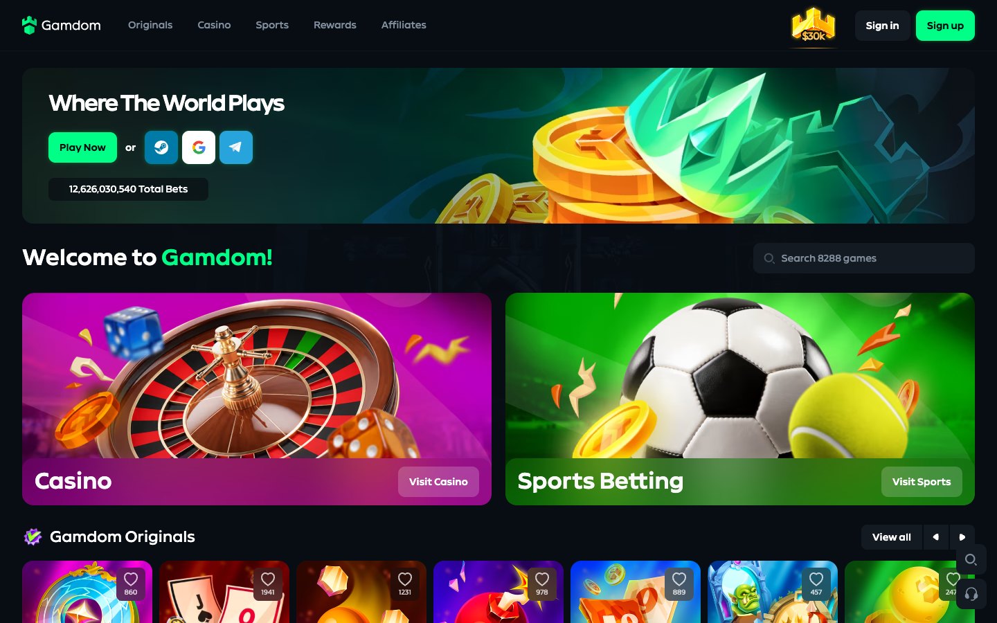The Gamdom home page as it appeared on 30 July 2026