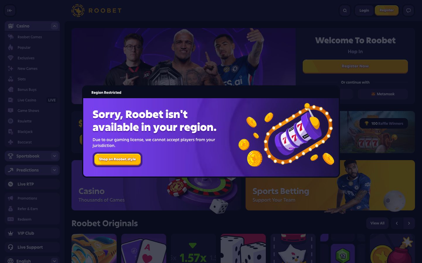 The Roobet home page as it appeared on 4 Aug 2026