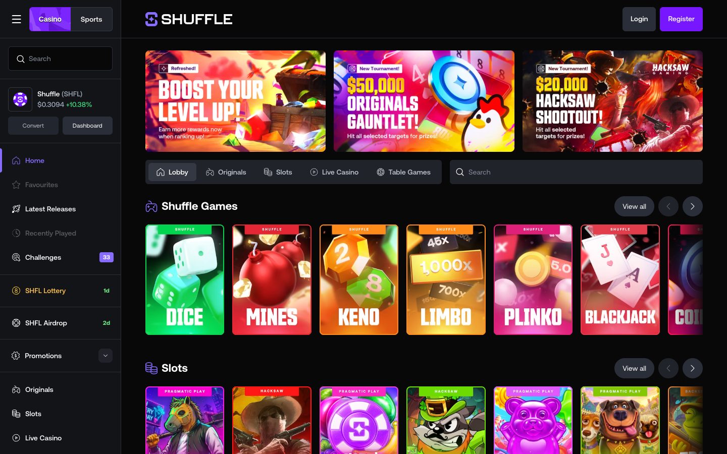 The Shuffle home page as it appeared on 4 Aug 2026